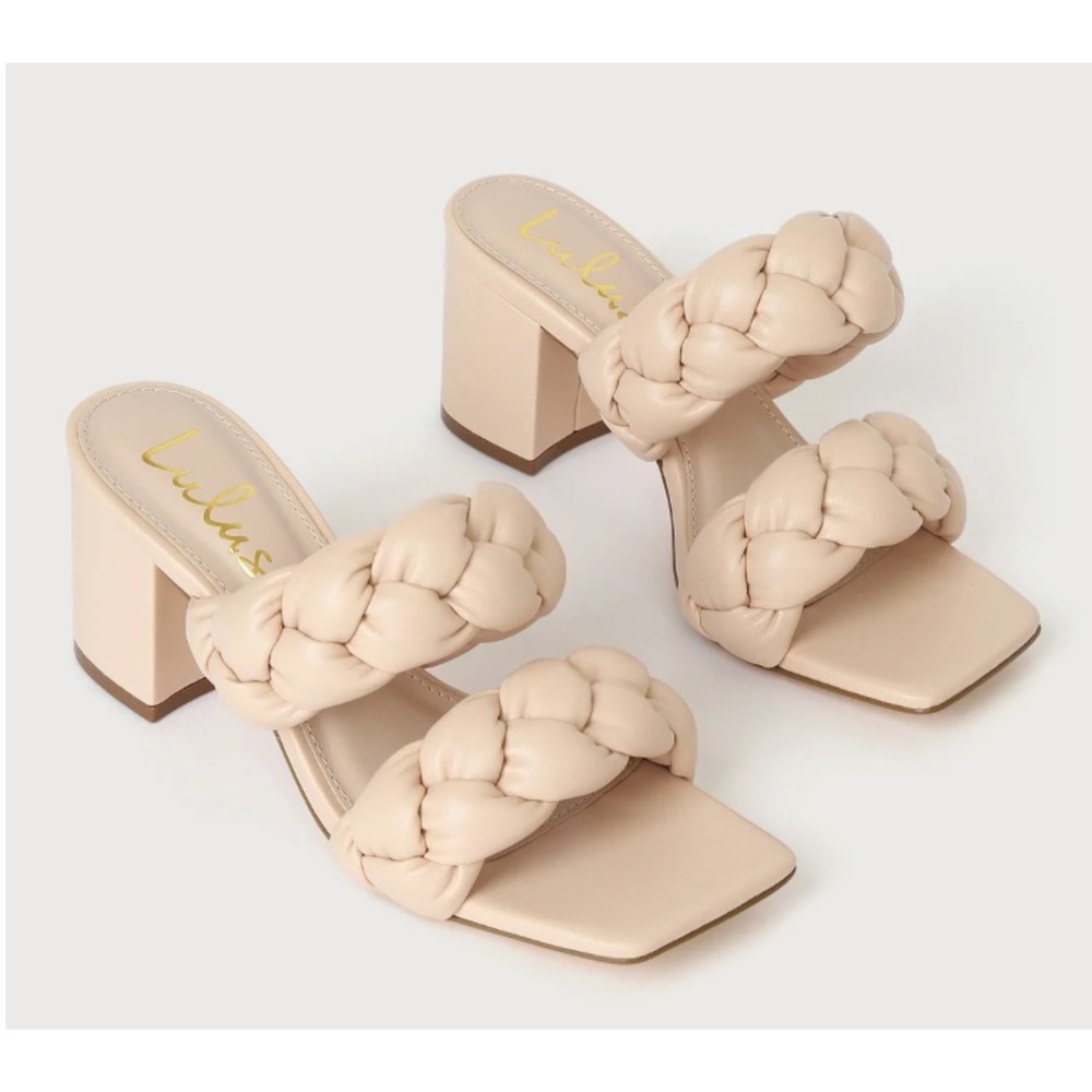 NEW LULUS Sawnie Lulu's NUDE Faux Leather PUFFY WOVEN Square Toe SANDALS HEELS 7